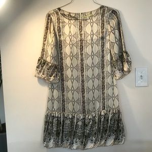 Bohemian Satin Shift Dress with Puff Sleeves